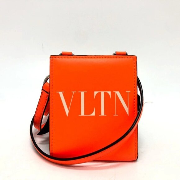 VALENTINO VLTN logo Neck Strap Wallet Folded wallet Leather Orange/SilverHW - Picture 1 of 16